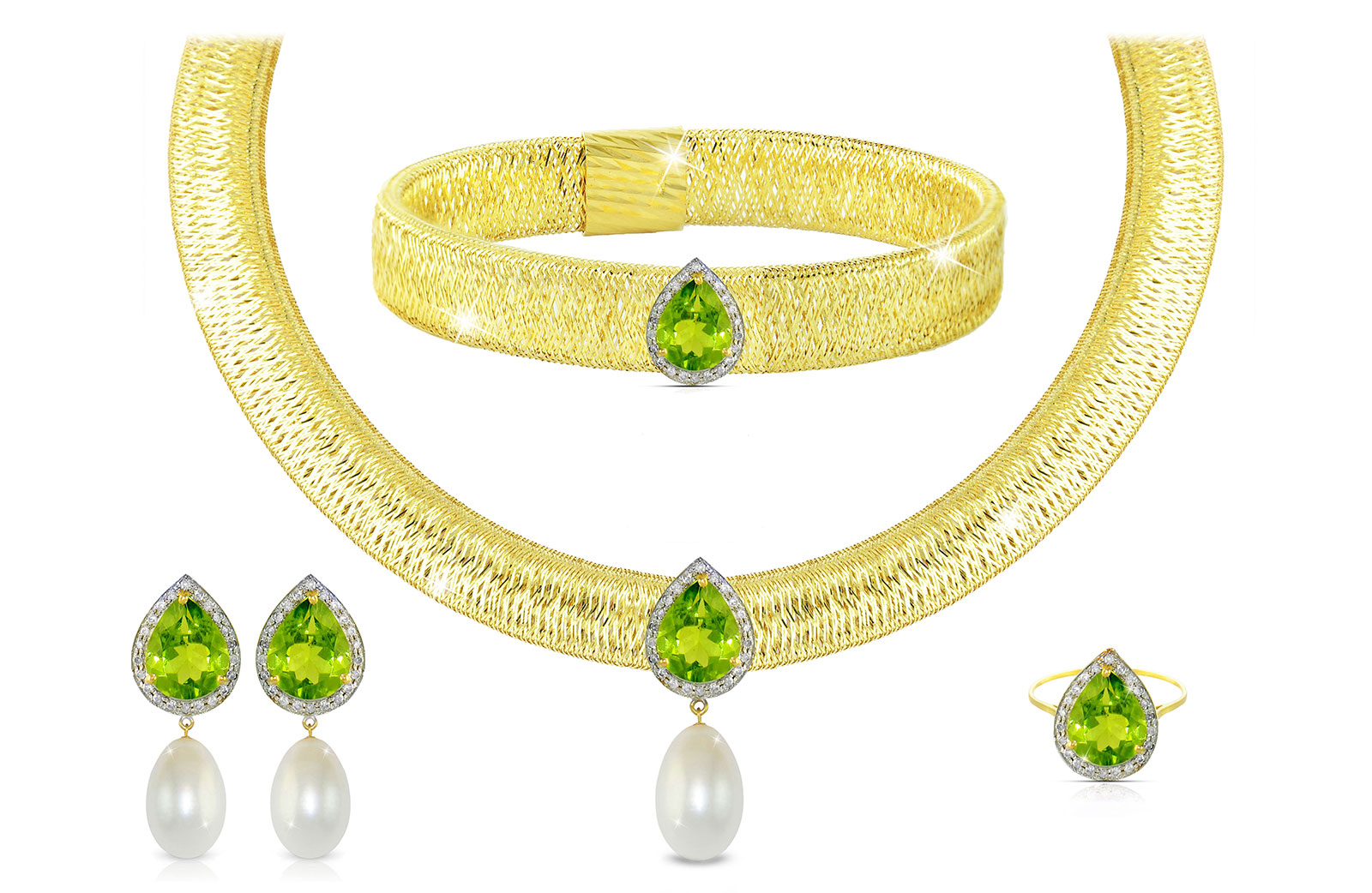 Vera Perla 18K Gold 0.60ct Diamonds, Peridot and 13mm White Pearl Jewelry Set - 4 pcs.